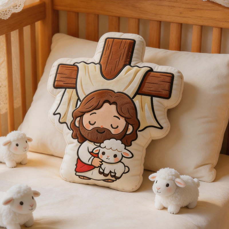 Christianartworkshop Coussin en peluche mignon en forme de croix représentant Jésus et un agneau : Décoration intérieure chaleureuse inspirée par la foi - image 3