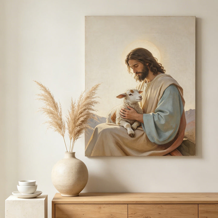 Christianartworkshop Affiche murale représentant Jésus le Bon Berger : un symbole de compassion divine et d’amour tendre - Tableau sur toile encadré - 13,77 po * 19,58 po * 0,7 po / 35 * 50 * 1,8 cm - image 0