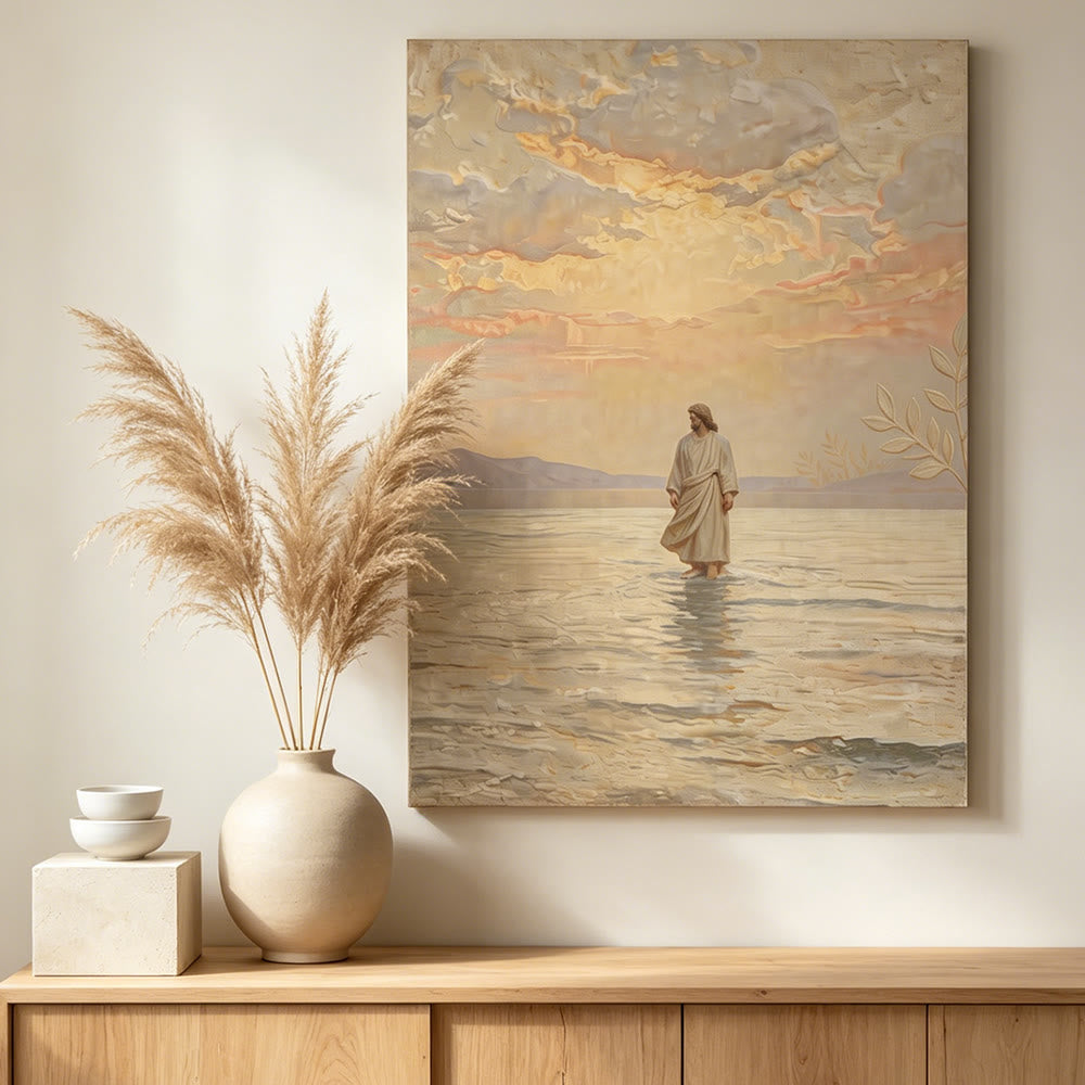 Christianartworkshop Estampe « Coucher de soleil chaleureux et Jésus sur l’eau » : un symbole quotidien d’espoir et de dépassement de l’impossible - Tableau sur toile encadré - 13,77 po * 19,58 po * 0,7 po / 35 * 50 * 1,8 cm - image 0