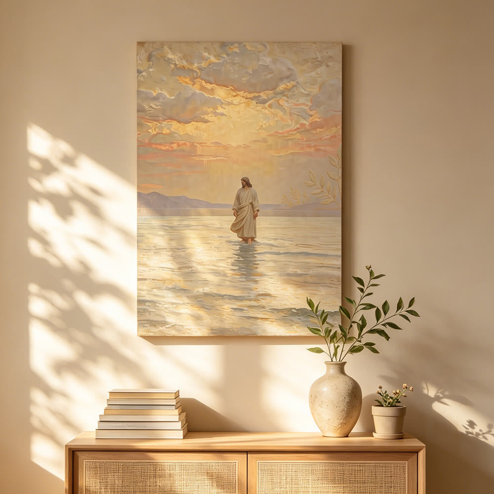 Christianartworkshop Estampe « Coucher de soleil chaleureux et Jésus sur l’eau » : un symbole quotidien d’espoir et de dépassement de l’impossible - image 1