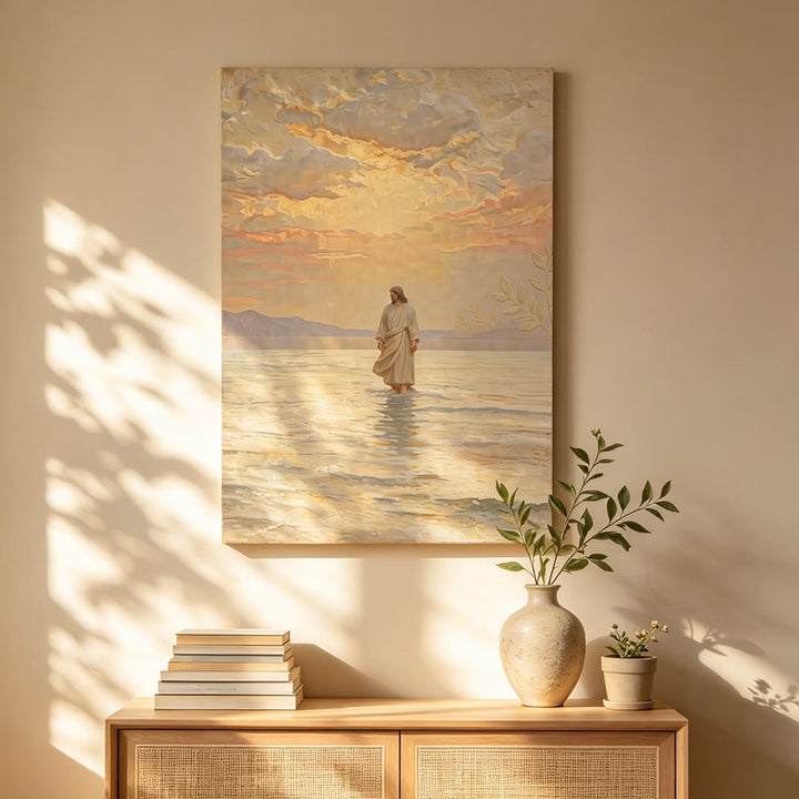 Christianartworkshop Estampe « Coucher de soleil chaleureux et Jésus sur l’eau » : un symbole quotidien d’espoir et de dépassement de l’impossible - image 1