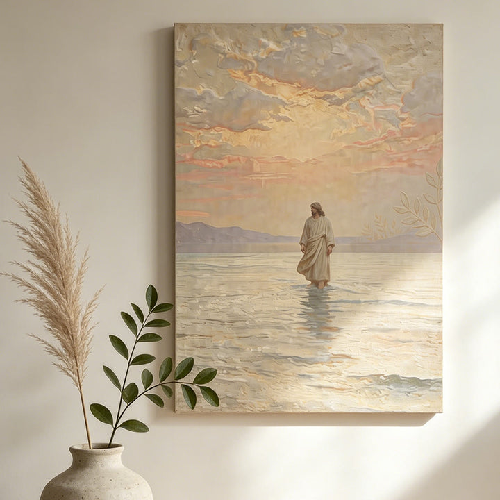 Christianartworkshop Estampe « Coucher de soleil chaleureux et Jésus sur l’eau » : un symbole quotidien d’espoir et de dépassement de l’impossible - image 2