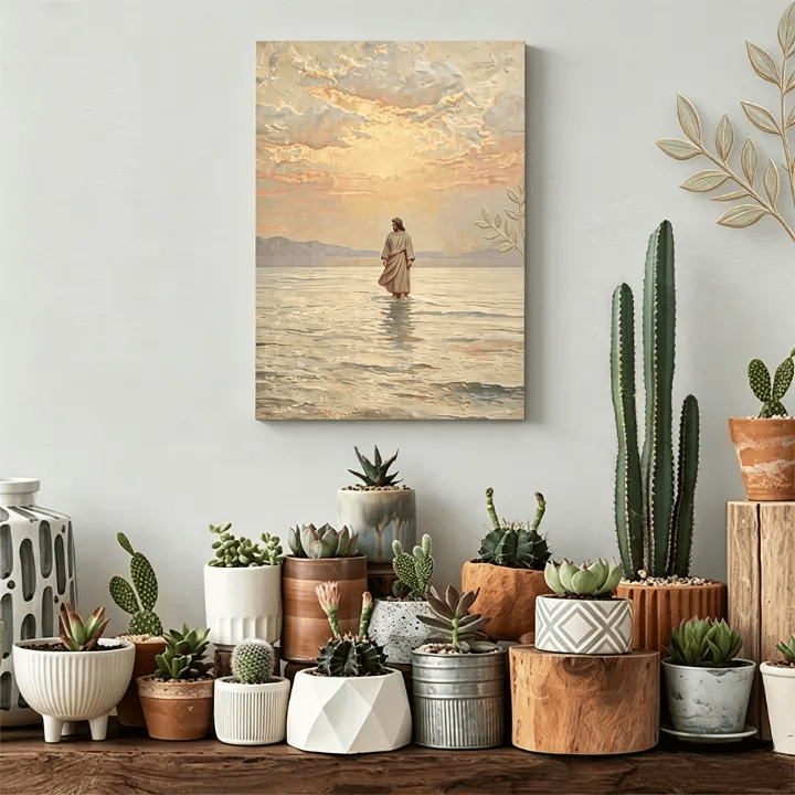 Christianartworkshop Estampe « Coucher de soleil chaleureux et Jésus sur l’eau » : un symbole quotidien d’espoir et de dépassement de l’impossible - image 3