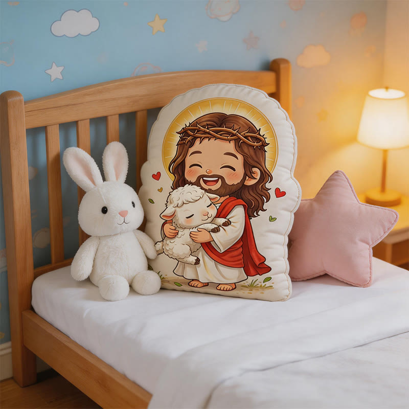Christianartworkshop Coussin en peluche en forme d'agneau avec une auréole de Jésus : Décoration d'intérieur chaleureuse et inspirée par la foi - image 2