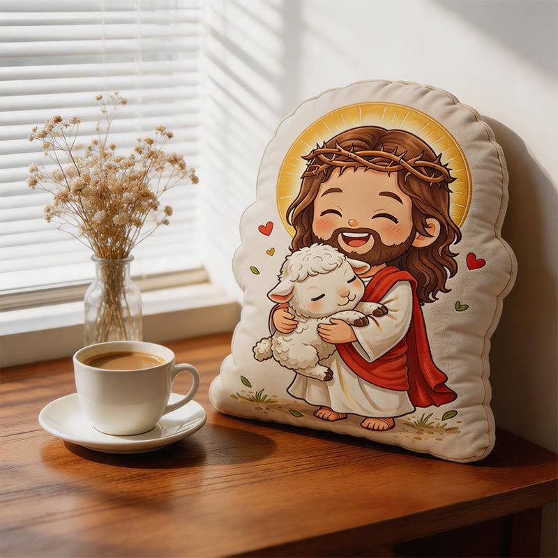 Christianartworkshop Coussin en peluche en forme d'agneau avec une auréole de Jésus : Décoration d'intérieur chaleureuse et inspirée par la foi - image 1