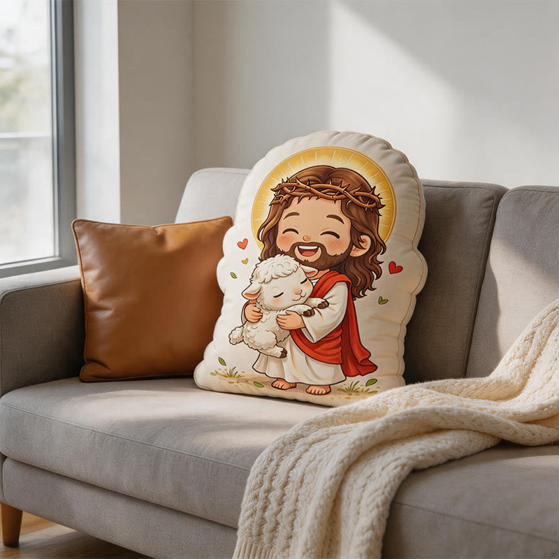Christianartworkshop Coussin en peluche en forme d'agneau avec une auréole de Jésus : Décoration d'intérieur chaleureuse et inspirée par la foi - image 4