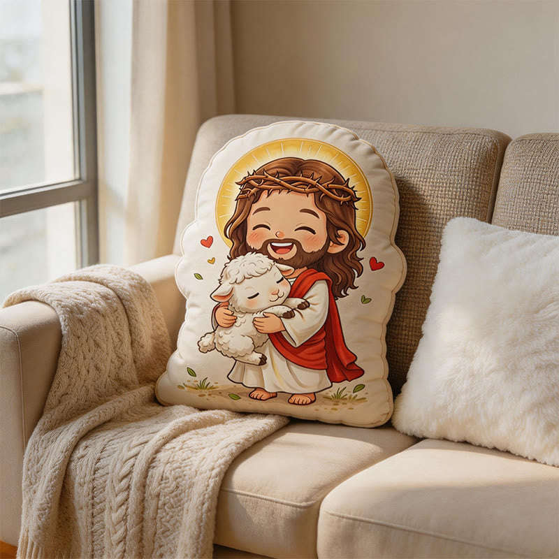 Christianartworkshop Coussin en peluche en forme d'agneau avec une auréole de Jésus : Décoration d'intérieur chaleureuse et inspirée par la foi - 24" (60 cm) - image 0