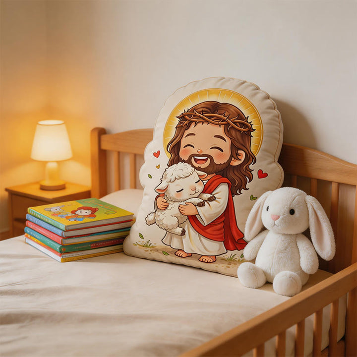 Christianartworkshop Coussin en peluche en forme d'agneau avec une auréole de Jésus : Décoration d'intérieur chaleureuse et inspirée par la foi - image 3