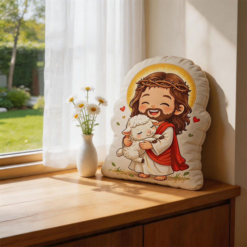 Christianartworkshop Coussin en peluche en forme d'agneau avec une auréole de Jésus : Décoration d'intérieur chaleureuse et inspirée par la foi - image 5