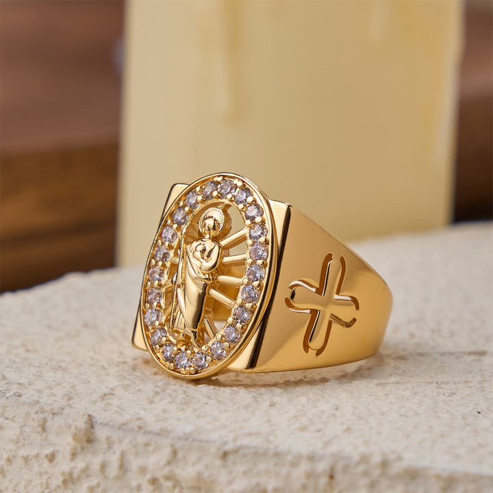 Christianartworkshop Bague chevalière audacieuse St. Jude en zircon avec halo et croix latérale : un symbole d’espoir et de guidance divine - St.Jude (Convient aux pointures américaines 7 à 9) - image 0