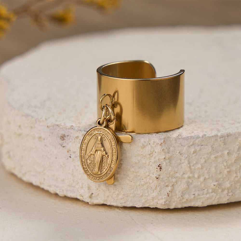 Christianartworkshop Bague ouverte Premium Faith Charm ornée de multiples symboles : un emblème sacré de foi inébranlable - Notre-Dame et Croix dorées - image 6
