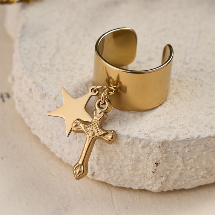 Christianartworkshop Bague ouverte Premium Faith Charm ornée de multiples symboles : un emblème sacré de foi inébranlable - Crucifix doré et étoile - image 7
