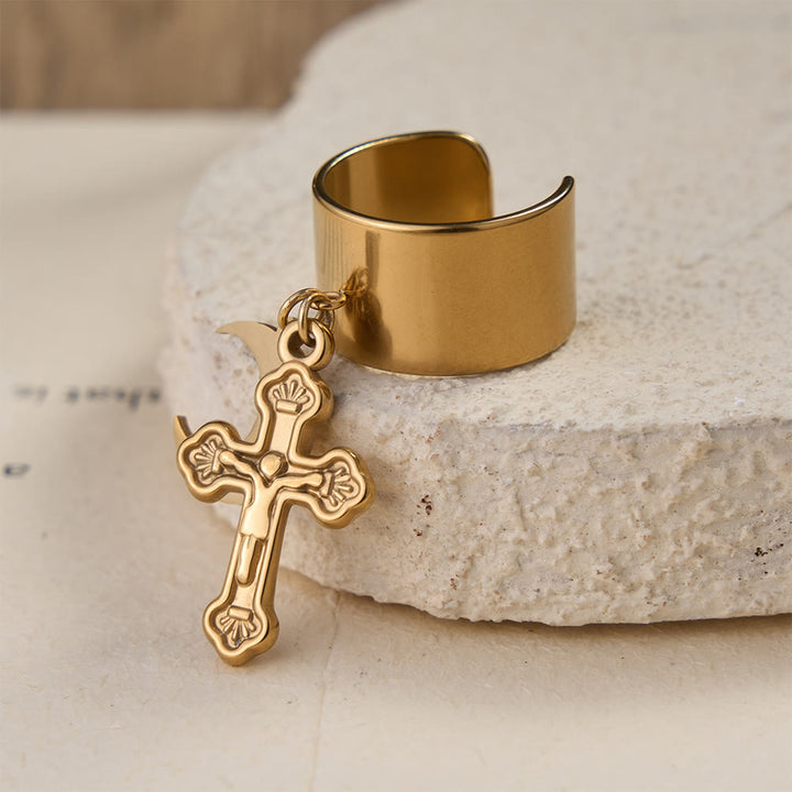 Christianartworkshop Bague ouverte Premium Faith Charm ornée de multiples symboles : un emblème sacré de foi inébranlable - Lune dorée et Croix - image 4
