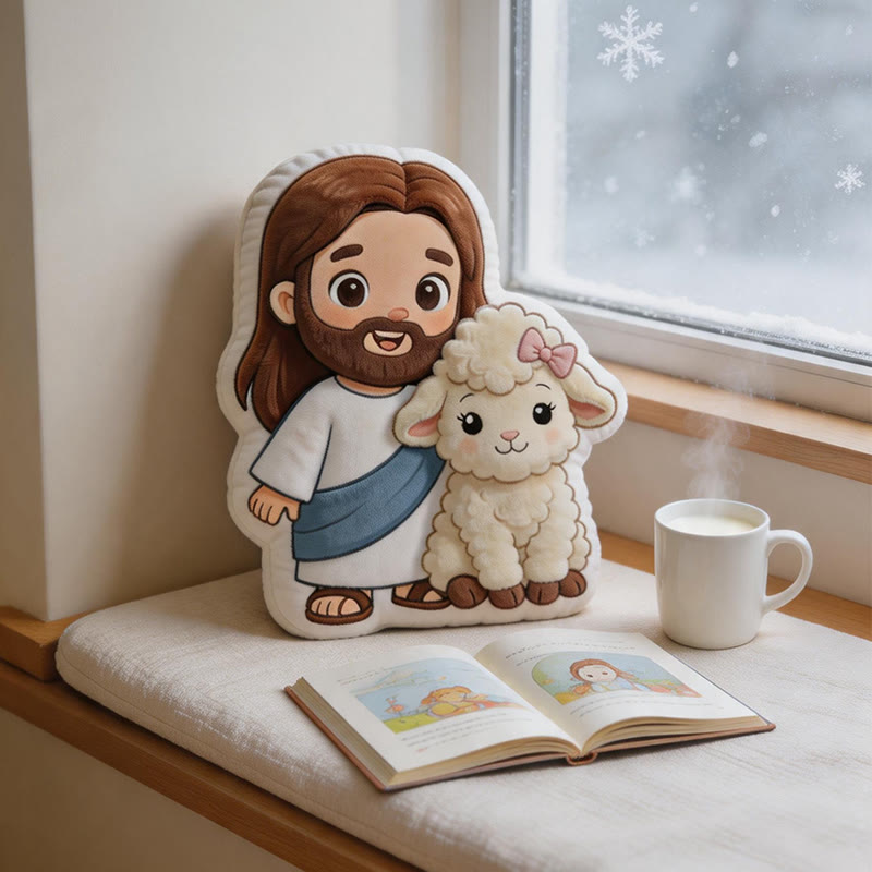 Christianartworkshop Coussin décoratif en peluche représentant Jésus et un agneau, adorable et inspiré des dessins animés : une touche de douceur et de fidélité. - image 2