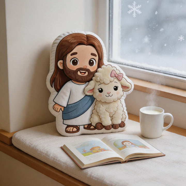 Christianartworkshop Coussin décoratif en peluche représentant Jésus et un agneau, adorable et inspiré des dessins animés : une touche de douceur et de fidélité. - image 2