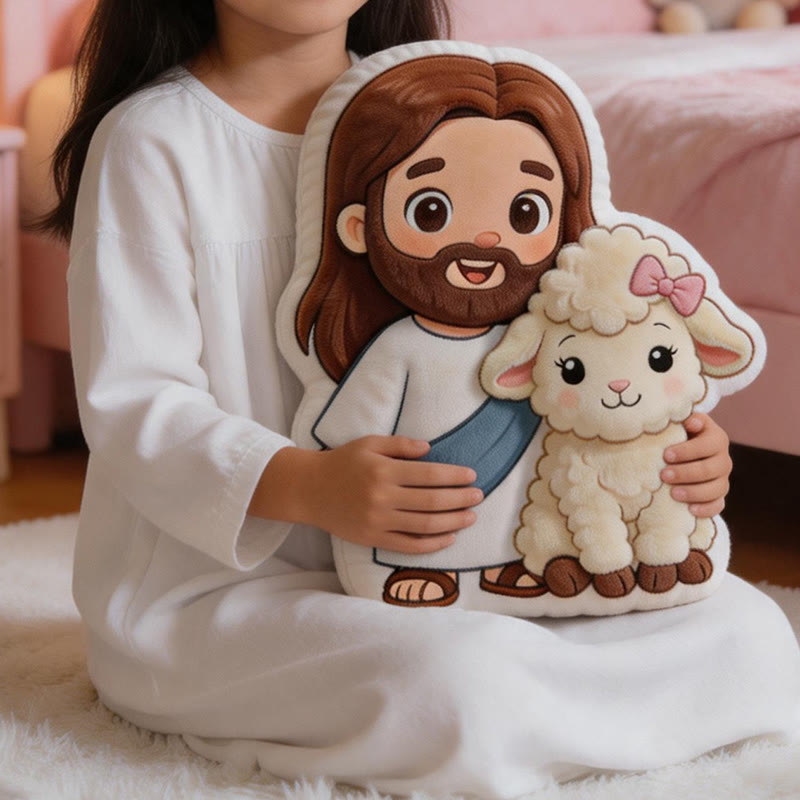 Christianartworkshop Coussin décoratif en peluche représentant Jésus et un agneau, adorable et inspiré des dessins animés : une touche de douceur et de fidélité. - image 1