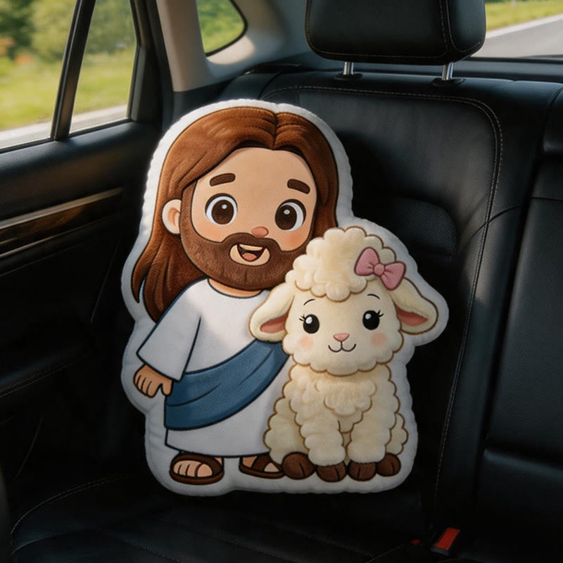 Christianartworkshop Coussin décoratif en peluche représentant Jésus et un agneau, adorable et inspiré des dessins animés : une touche de douceur et de fidélité. - 24" (60 cm) - image 0
