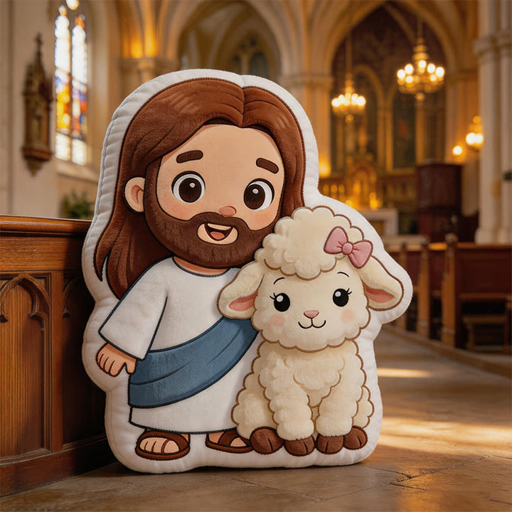 Christianartworkshop Coussin décoratif en peluche représentant Jésus et un agneau, adorable et inspiré des dessins animés : une touche de douceur et de fidélité. - image 4