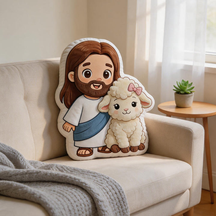 Christianartworkshop Coussin décoratif en peluche représentant Jésus et un agneau, adorable et inspiré des dessins animés : une touche de douceur et de fidélité. - image 3