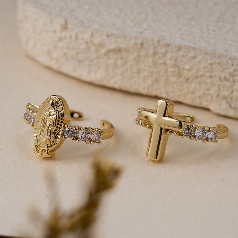 Christianartworkshop Bague ajustable Notre-Dame et Croix en zircon : Symboles de la grâce mariale et de l'amour rédempteur - image 1