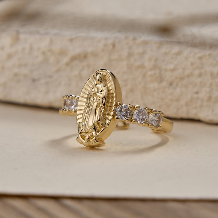 Christianartworkshop Bague ajustable Notre-Dame et Croix en zircon : Symboles de la grâce mariale et de l'amour rédempteur - Notre-Dame (Convient aux tailles américaines 6 à 8) - image 0
