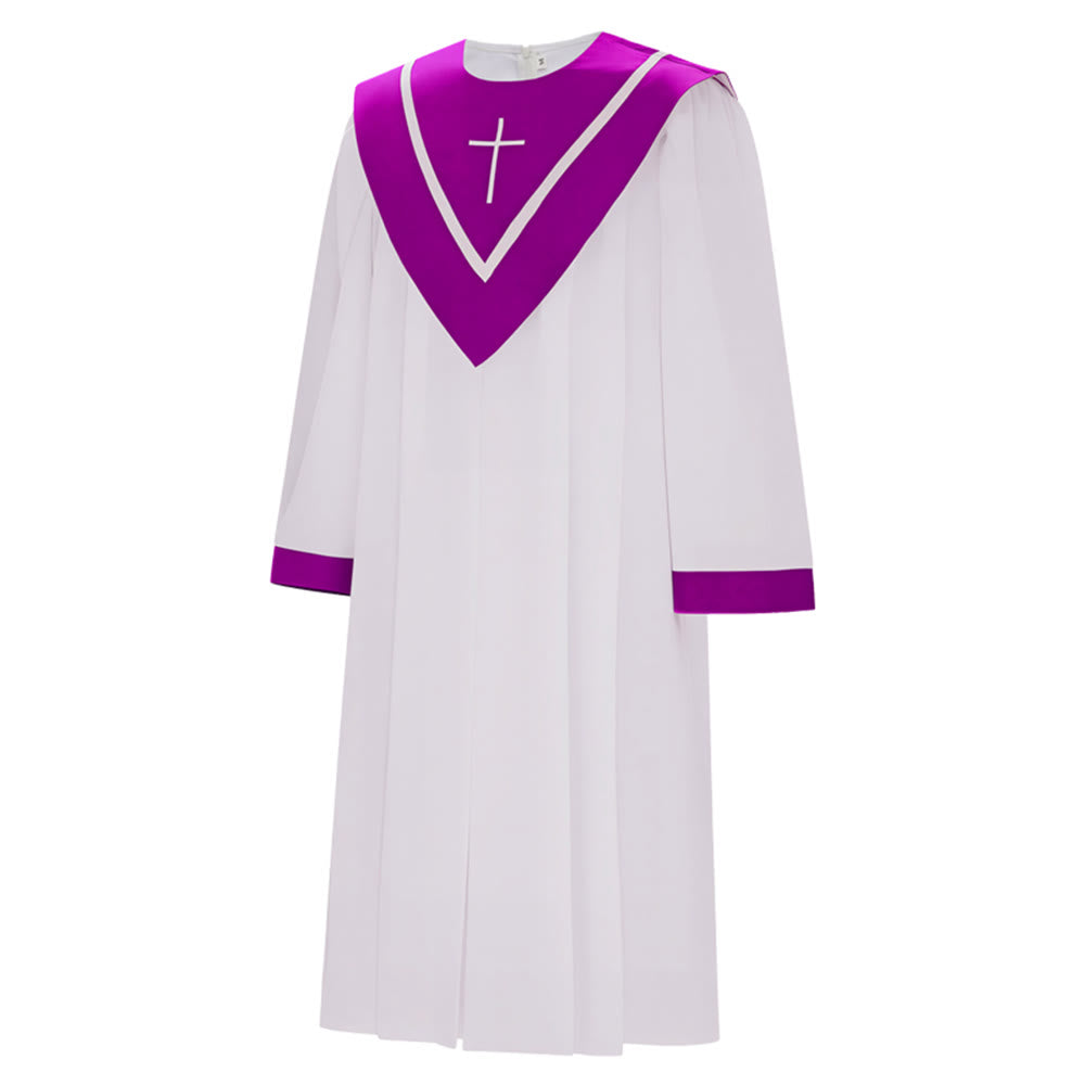 Robe de clergé blanche classique Christianartworkshop avec col en V contrastant et détails en croix - image 3