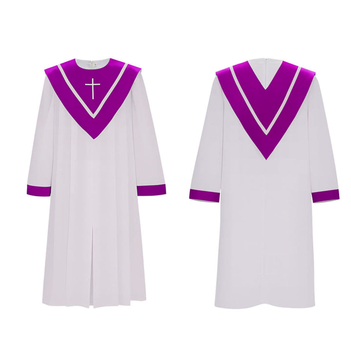 Robe de clergé blanche classique Christianartworkshop avec col en V contrastant et détails en croix - image 11