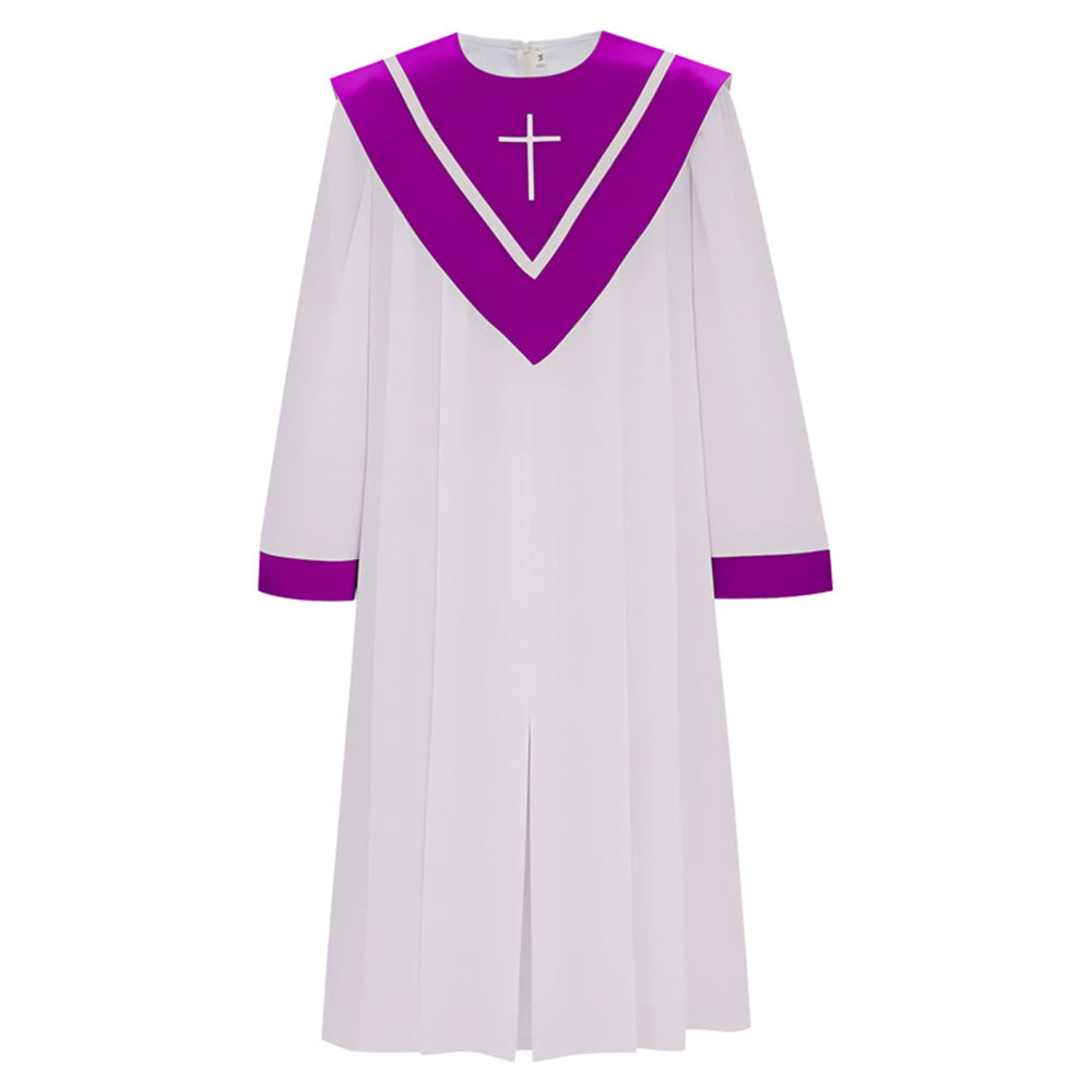 Robe de clergé blanche classique Christianartworkshop avec col en V contrastant et détails en croix - image 2