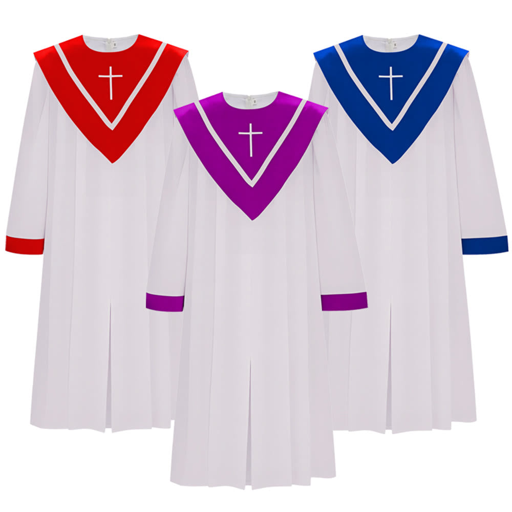 Robe de clergé blanche classique Christianartworkshop avec col en V contrastant et détails en croix - Bleu - 2XL - image 1