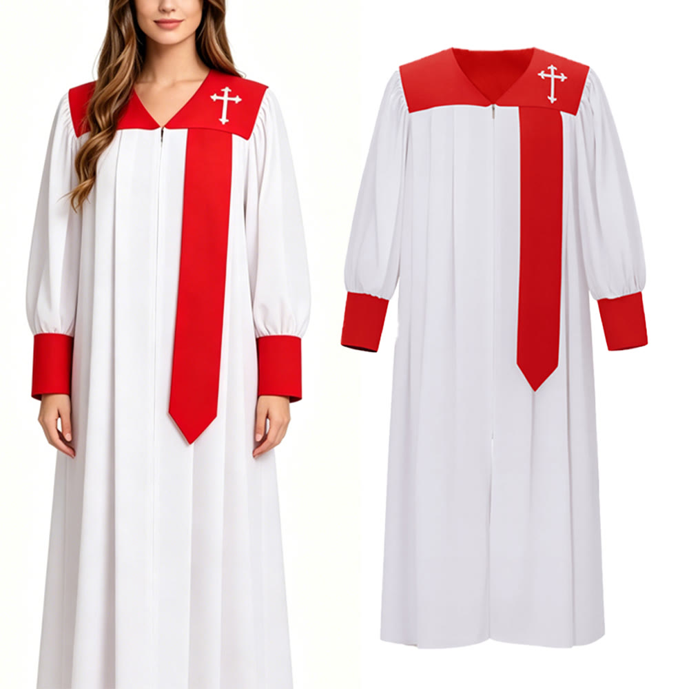 Robe de clergé blanche distinctive de Christianartworkshop avec col rouge et emblème de croix - image 4