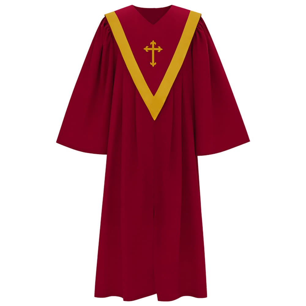 Robe de clergé traditionnelle bordeaux de Christianartworkshop avec croix dorée et col en V. - image 1