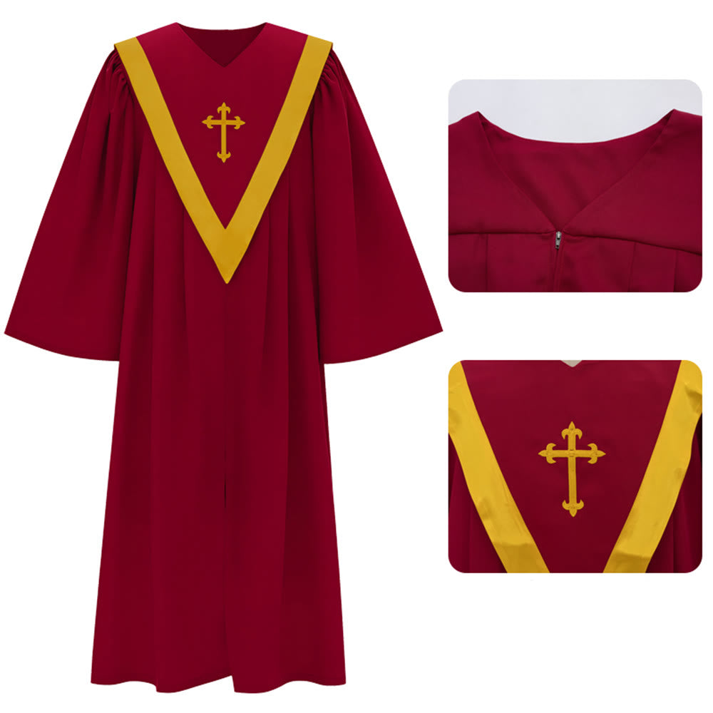 Robe de clergé traditionnelle bordeaux de Christianartworkshop avec croix dorée et col en V. - Rouge - 2XL - image 4