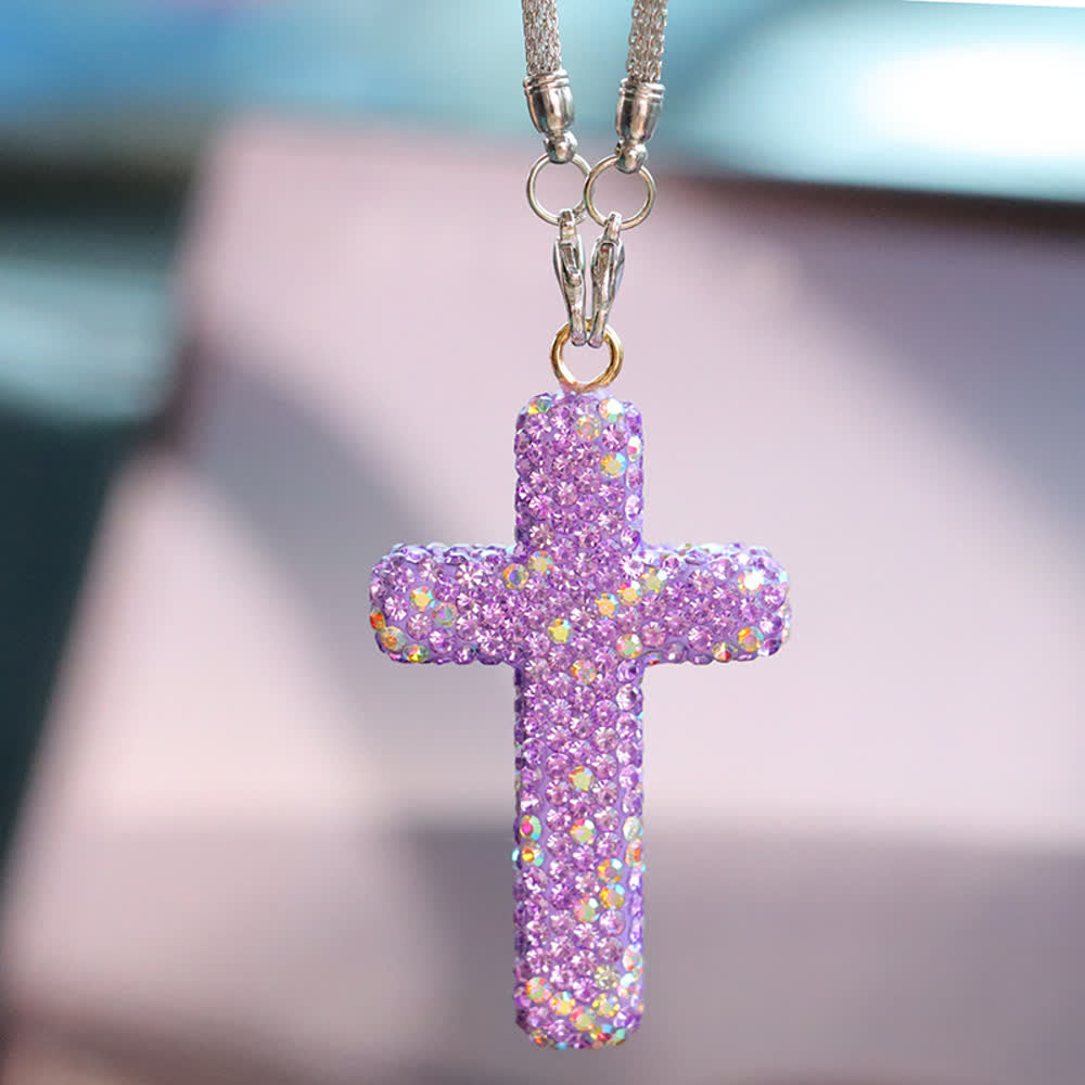 Pendentif croix ornée de cristaux pour voiture, Christianartworkshop : une foi rayonnante pour chaque voyage - Violet# - image 13
