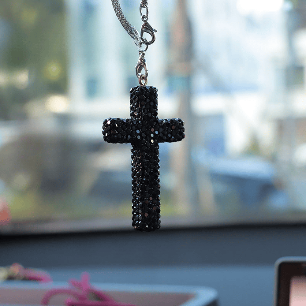 Pendentif croix ornée de cristaux pour voiture, Christianartworkshop : une foi rayonnante pour chaque voyage - Noir# - image 9