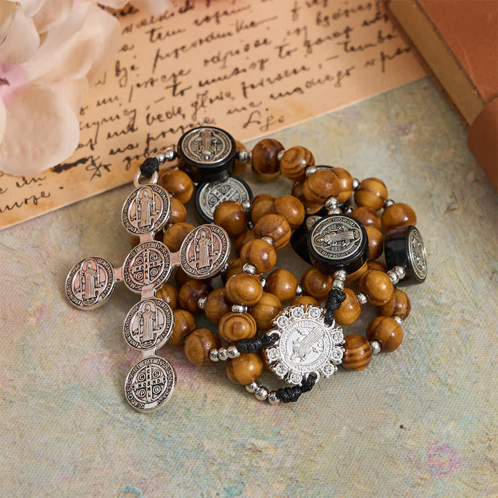 Christianartworkshop Chapelet en bois d'olivier naturel avec entretoises Saint Benoît et croix filigranée surdimensionnée - image 2