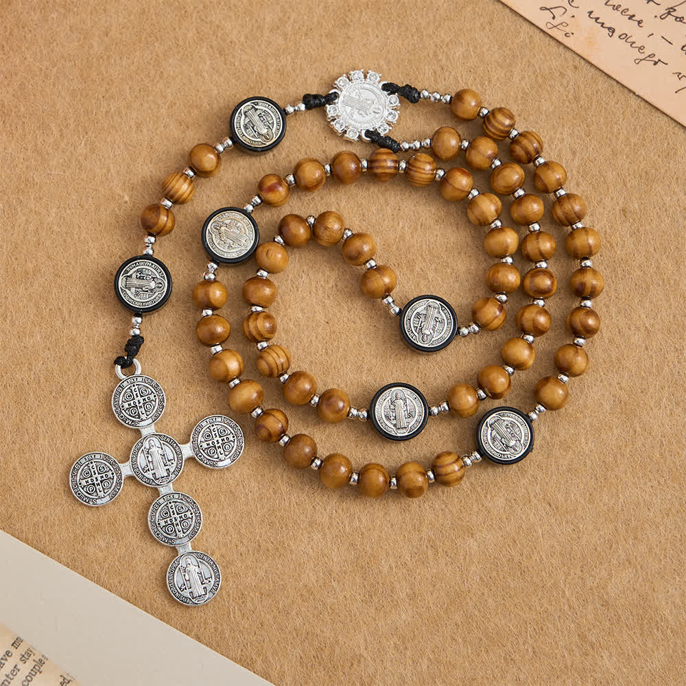 Christianartworkshop Chapelet en bois d'olivier naturel avec entretoises Saint Benoît et croix filigranée surdimensionnée - image 4