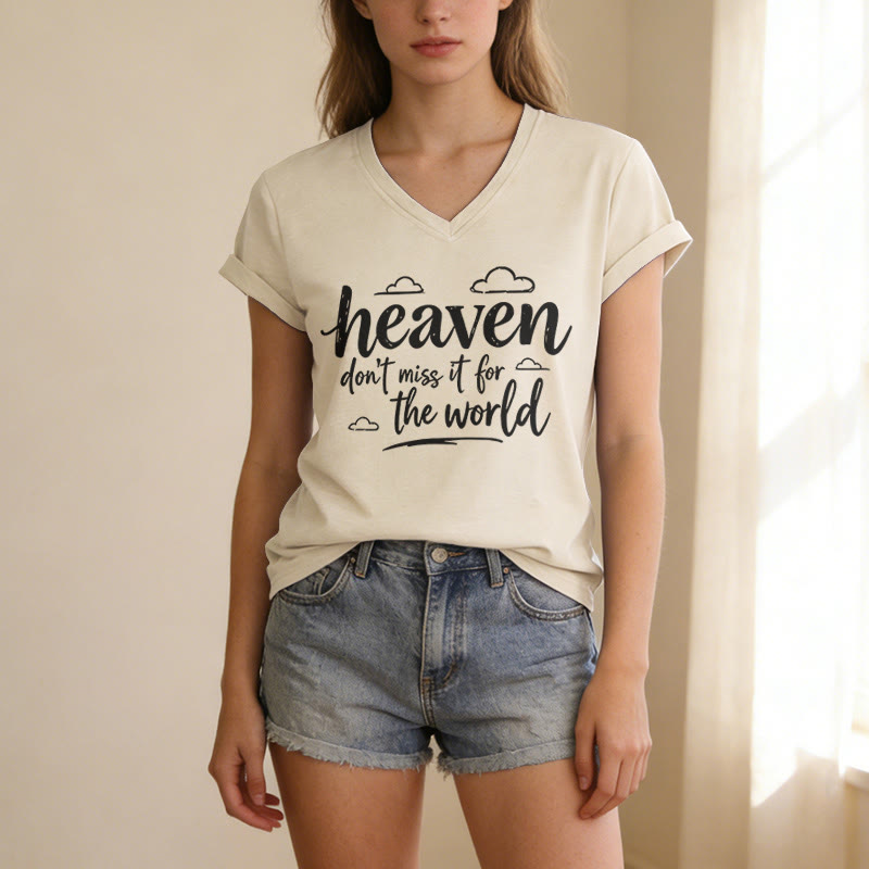 Christianartworkshop T-shirt décontracté à col en V avec imprimé nuage inspirant « Le paradis, ne le ratez pas ! » - image 1