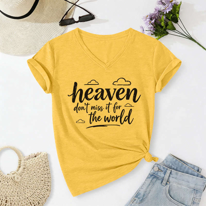 Christianartworkshop T-shirt décontracté à col en V avec imprimé nuage inspirant « Le paradis, ne le ratez pas ! » - Jaune - 2XL - image 2