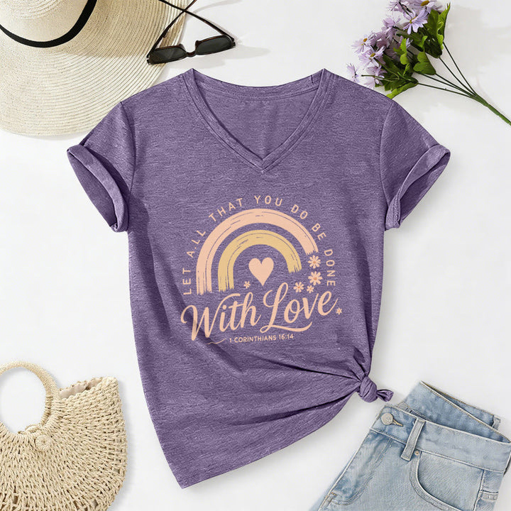 Christianartworkshop T-shirt décontracté à col en V avec verset biblique et motif floral arc-en-ciel - Violet - 2XL - image 2