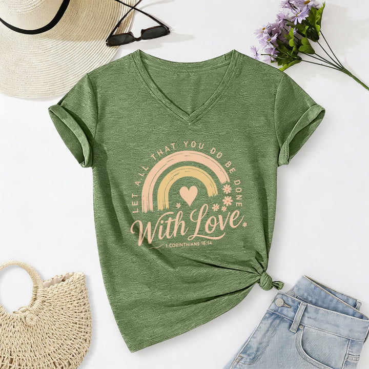 Christianartworkshop T-shirt décontracté à col en V avec verset biblique et motif floral arc-en-ciel - Vert olive - 2XL - image 8