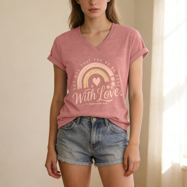 Christianartworkshop T-shirt décontracté à col en V avec verset biblique et motif floral arc-en-ciel - image 1
