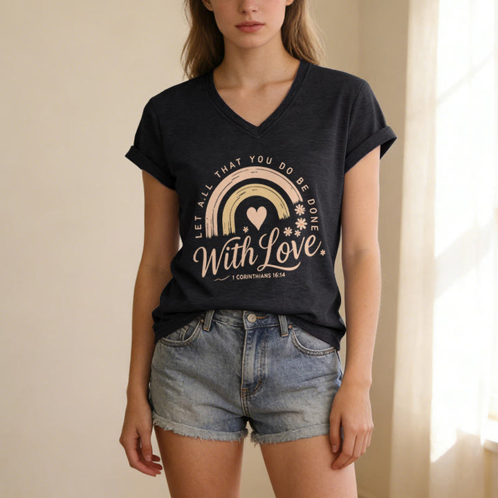 Christianartworkshop T-shirt décontracté à col en V avec verset biblique et motif floral arc-en-ciel - image 15