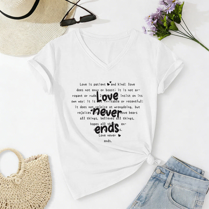 Christianartworkshop T-shirt décontracté à col en V avec verset biblique « L’amour ne finit jamais » - Blanc - 2XL - image 6