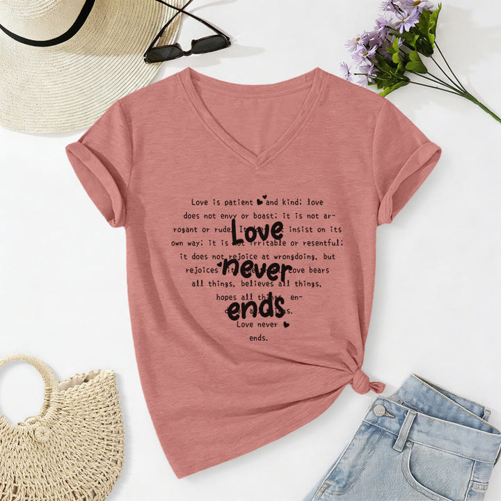 Christianartworkshop T-shirt décontracté à col en V avec verset biblique « L’amour ne finit jamais » - Rose clair - 2XL - image 10