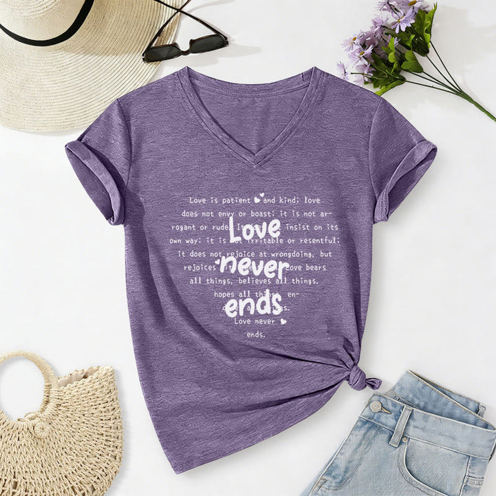 Christianartworkshop T-shirt décontracté à col en V avec verset biblique « L’amour ne finit jamais » - Violet - 2XL - image 16