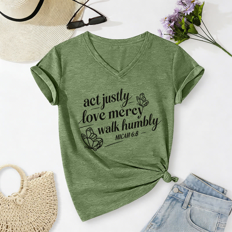 Christianartworkshop Agis avec justice, aime la miséricorde, marche humblement (Michée 6:8) T-shirt décontracté à col en V avec imprimé papillon - Vert olive - 2XL - image 6