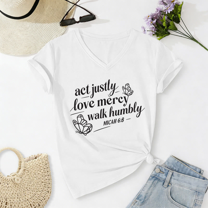 Christianartworkshop Agis avec justice, aime la miséricorde, marche humblement (Michée 6:8) T-shirt décontracté à col en V avec imprimé papillon - Blanc - 2XL - image 8