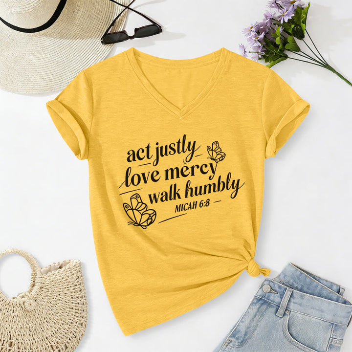Christianartworkshop Agis avec justice, aime la miséricorde, marche humblement (Michée 6:8) T-shirt décontracté à col en V avec imprimé papillon - Jaune - 2XL - image 4