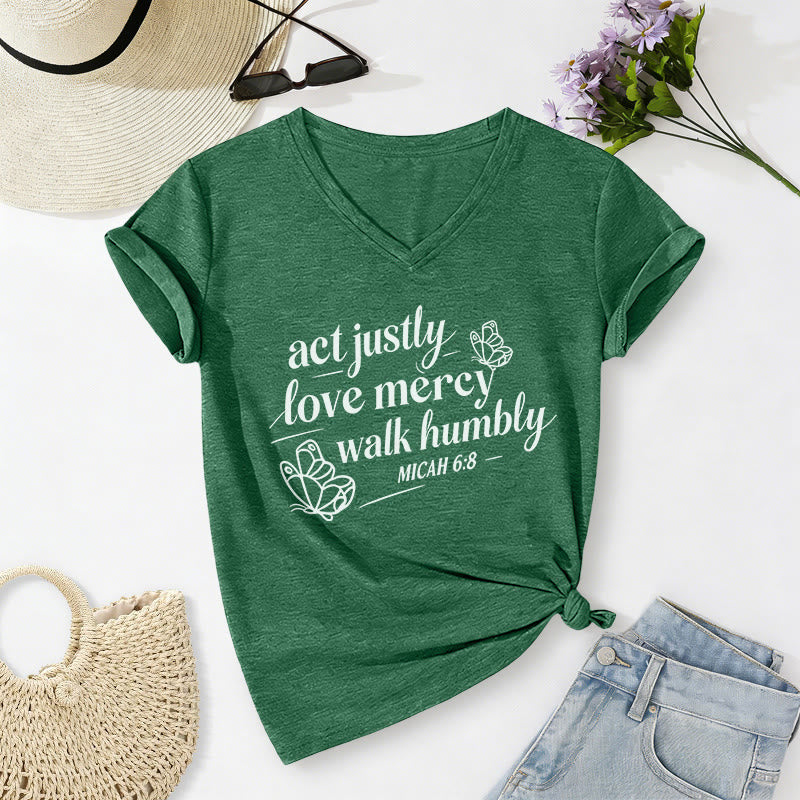 Christianartworkshop Agis avec justice, aime la miséricorde, marche humblement (Michée 6:8) T-shirt décontracté à col en V avec imprimé papillon - Vert foncé - 2XL - image 14