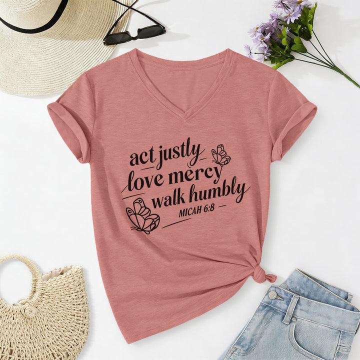 Christianartworkshop Agis avec justice, aime la miséricorde, marche humblement (Michée 6:8) T-shirt décontracté à col en V avec imprimé papillon - Rose clair - 2XL - image 10